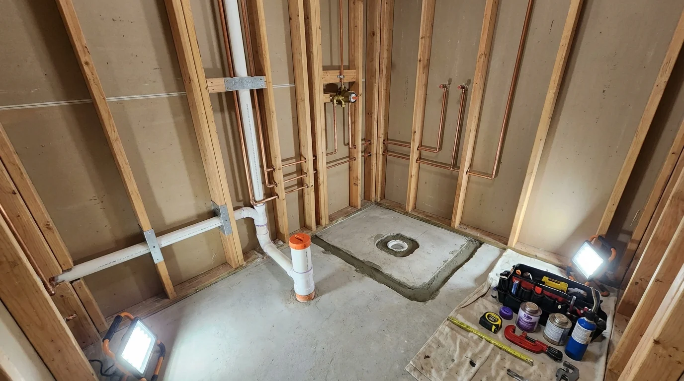 Bathroom rough-in plumbing during remodel by Johns Plumbing LLC in Rolling Fork