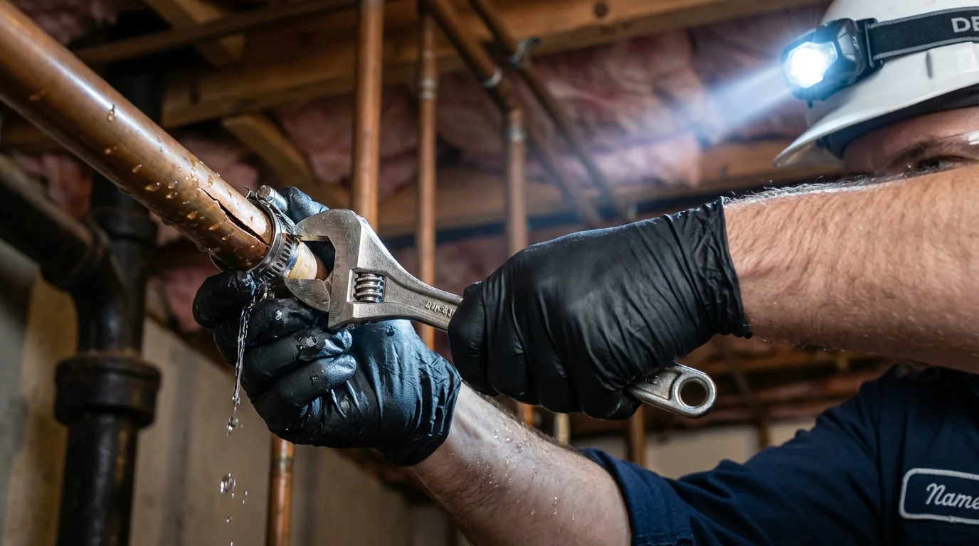 Emergency pipe clamp repair being performed by a Johns Plumbing LLC plumber in Rolling Fork