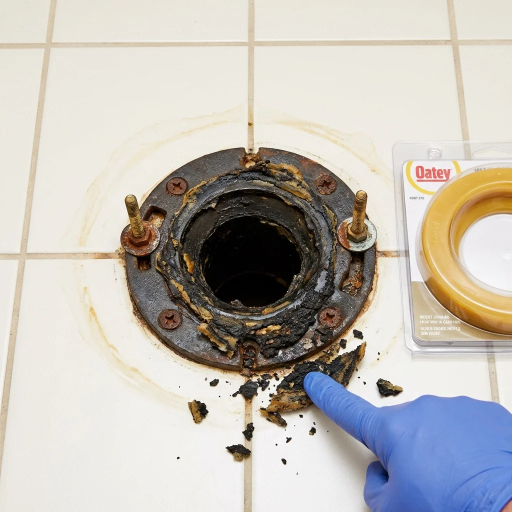 Failed wax ring showing water seepage at the base of a toilet in a Rolling Fork, MS home